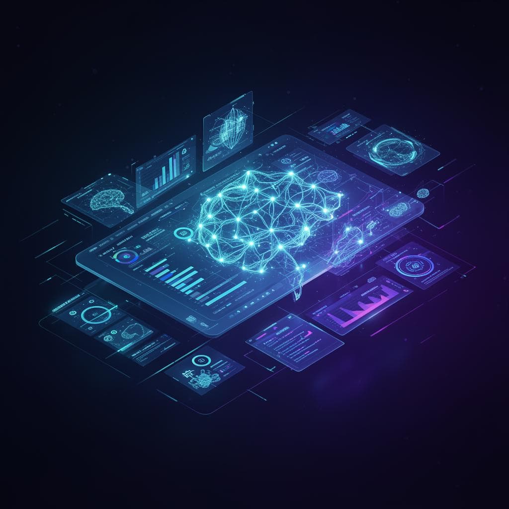 AI dashboard with neural network and analytics